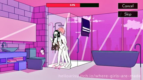 Lucy anime babe in steamy shower embrace, erotic dating sim scene