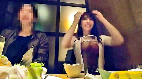 Amateur Asian babe in white top gets seduced at dinner with friend