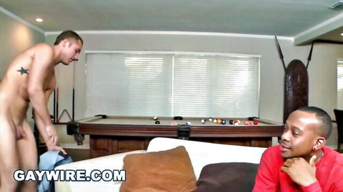 Naked white guy bends over pool table baring ass to smiling black stud with huge erect BBC