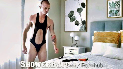 Brody Fox in revealing black sling bikini by steamy shower tease