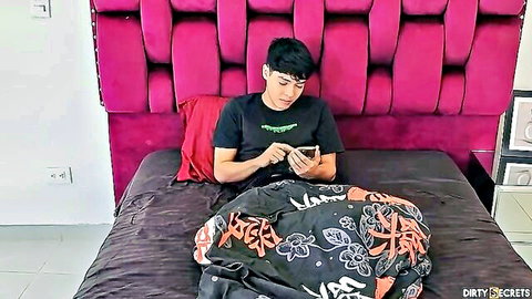 Young Asian guy on bed checking phone, stepmom Viagra mix-up leads to wild taboo fuck