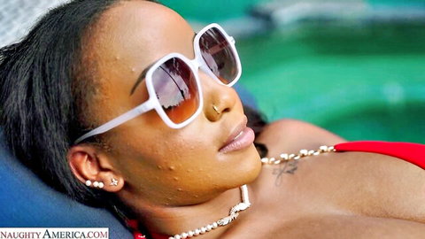 Lily Starfire in red bikini, oiled skin and big tits by the pool
