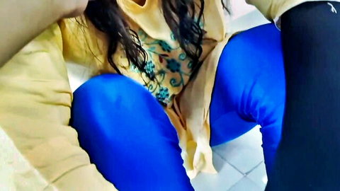 Desisarika in sexy yellow top and tight blue shiny pants, hot Indian tease