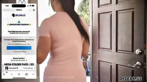 Jennifer White in tight pink dress, curvy backside view at door