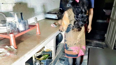 Desi aunty in colorful dress bending in kitchen for rough Indian doggy sex