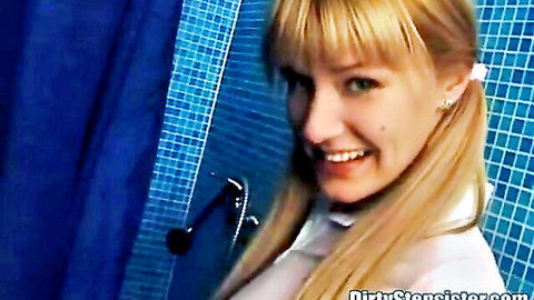 Blonde pigtail teen smiles seductively in shower wearing tight white shirt teasing taboo fucks