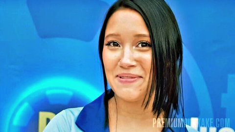 Lia Ponce smiling in blue collared shirt, preview for hot cum frenzy scene