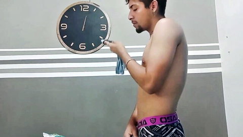 Shirtless Latino hunk in pink underwear holding clock, teasing step-sister anal creampie