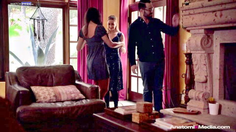 Penny Barber and Laney Grey in short dresses flirting with man