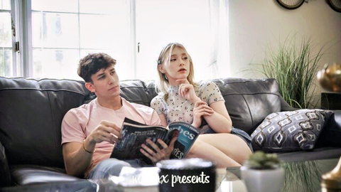 Melody Marks and stepbro reading books on couch in naughty babysitting scene