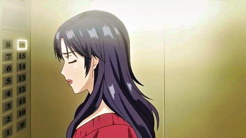 Busty anime housewife with long purple hair in red top, teasing in elevator