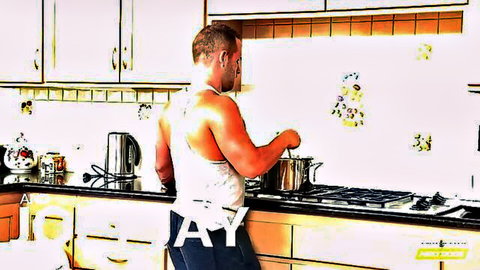 Luke Adams muscular back in tank top cooking in kitchen gay porn thumbnail