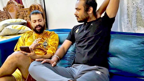 Desi bearded men lounging before step-sister party action