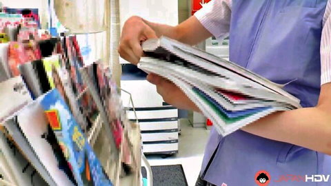 Airi Miyazaki in blue store uniform holding magazines, JAV scene