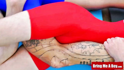 Max Gen and Jared Cloud wrestle hard cocks in tight spandex, athletic gay duo