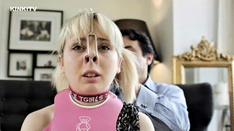 Blonde Cherry Pig in kinky pet play with pig nose clamp and TGirls collar