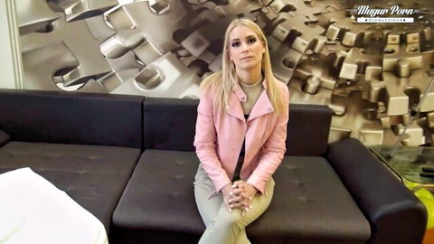 Sharon White blonde in pink leather jacket, teasing massage vibe