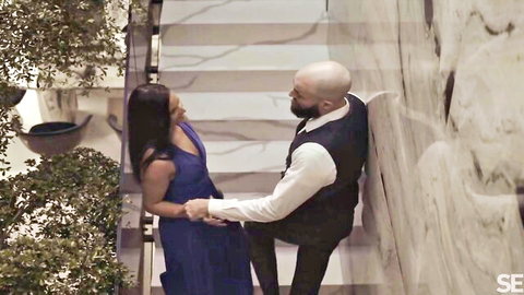 Betzz in forbidden fantasies, steamy intimate moment in blue dress with bald man