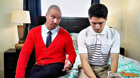 Stepdad and stepson sitting on bed in Filthy Family taboo scene with Ava Addams