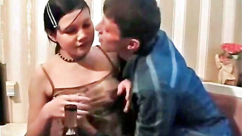Hairy Asian GF passionately kissed from behind in intimate kitchen moment