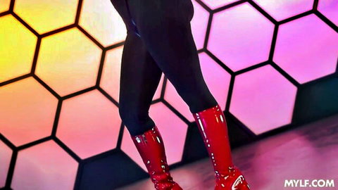 Romi Rain in tight black pants and red thigh-high boots, seductive MILF pose