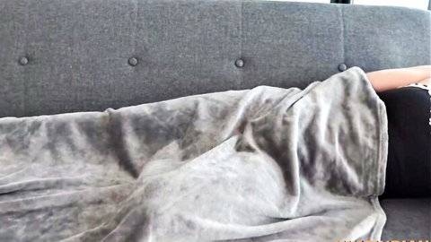 Willing sissy step sister relaxing under blanket before couch banging