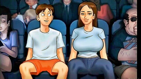 Busty college cutie in tight top sitting with boyfriend in theater seats