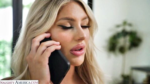 Blonde MILF on seductive phone call, teasing with plump lips
