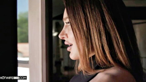 Ella Reese profile view, steamy hotwife with big ass, brunette in black top