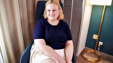 Curvy blonde student smiles in sweater and skirt before POV creampie by professor