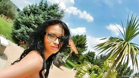 Grace Joy in sexy outdoor bikini selfie, curvy brunette with glasses and big assets