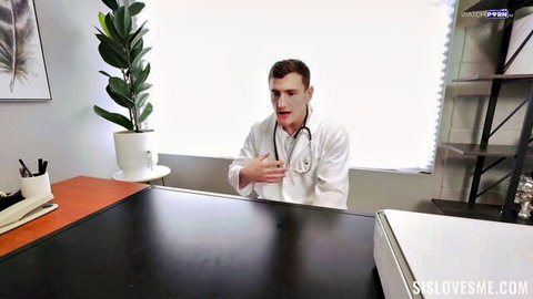 POV handsome doctor in white coat with stethoscope sits in medical office for taboo exam