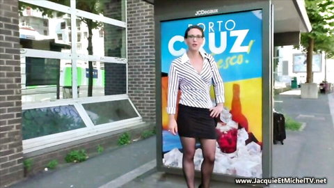 French MILF Cathy in skirt and stockings at bus stop tease