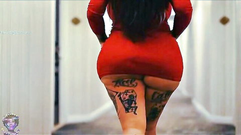 Brunette BBW with huge bare ass and tattoos struts down hallway in tight red dress