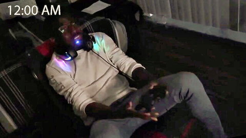 Black stepson gaming at midnight in hoodie, interrupted by stepmom for blowjob