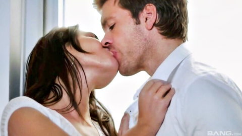 Jess West sensual kiss with man in white dress, Bangbros scene