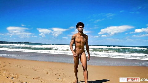 Hung black stud nude on beach, muscular and tattooed from Latin Leche threesome with El Aleman & Will Schokolade