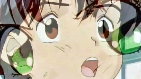 Shocked Japanese hentai girl with wide green-glowing eyes and open mouth in ecstasy