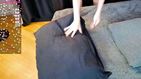 Naughty babe bends over couch grabbing pillows exposing shaved pussy and ass