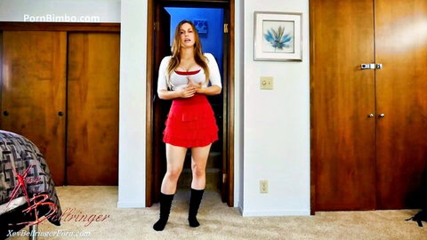 Busty blonde MILF exposing huge tits in white top and red mini skirt with thigh-high stockings