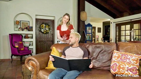 Bunny Colby teases Wolf Hudson on couch in BiPhoria bisexual threesome preview