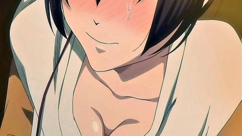 Blushing hentai girl with black hair in revealing white top, close-up cleavage view