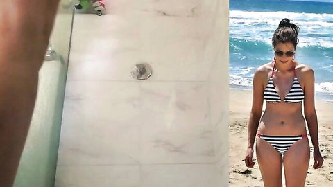 Sexy wife in striped bikini teasing on beach beside hidden shower cam peek