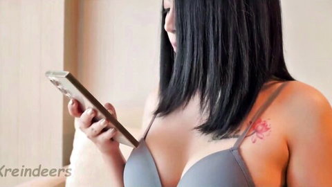 Gorgeous Asian babe in gray lingerie, seductive curves and tattoo