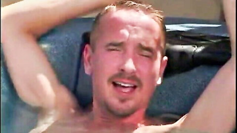 Muscular blond man in ecstasy in sunny hot tub during outdoor sex