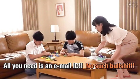 Yuria Yoshine in clothed JAV scene with two young men on couch