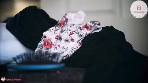 Teasing threesome scene with floral lingerie and toys on bed