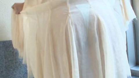 Yui Koyanagi lifts white dress exposing ass and pussy in JAV