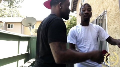 Two muscular Black men chat outdoors, teasing BBC action with ebony MILF