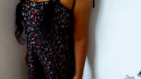 Seductive Chinese woman in floral dress for hot homemade threesome romp